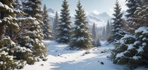 A dense thicket of alpine shrubs and trees in the snow, thorny bush, snow, evergreen