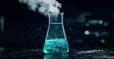Laboratory experiment with bubbling green liquid and steam in a science setting at nighttime