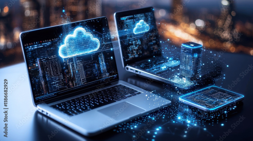 Poster modern digital workspace showcasing cloud gaming technology with laptops, tablet, and server. glowin