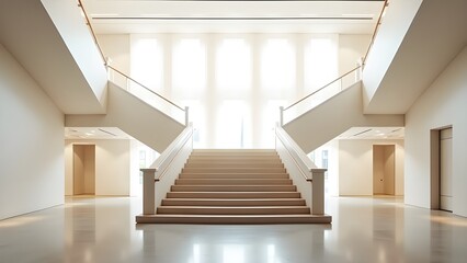 A symmetrical staircase in a clean, neutral-toned space