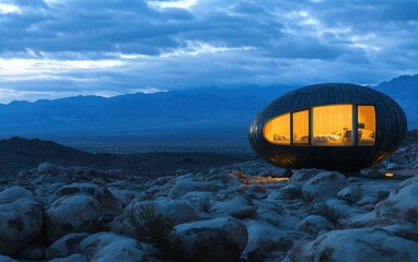 Obraz premium A modern, egg-shaped tiny home on a flat, rocky landscape at dusk, captured in a photorealistic architectural photograph.
