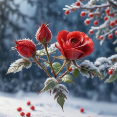 A delicate red rose hip is nestled among the snowflakes, its intricate details a reminder of the beauty in stillness and quiet , rosehip, botanical details, winter landscape