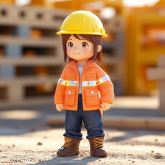 A cheerful East Asian child construction worker in a 3D cartoon style stands on a sunny construction site, wearing a bright orange jacket with reflective details and a yellow hard hat