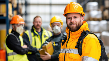 Fototapeta premium Safety briefing with workers in protective gear at warehouse. scene shows group of professionals, including man in orange jacket and helmet, emphasizing safety protocols