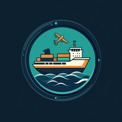 Obraz premium A clean, graphic design logo showcasing a cargo ship, plane, and truck viewed through a vibrant, tri-colored porthole