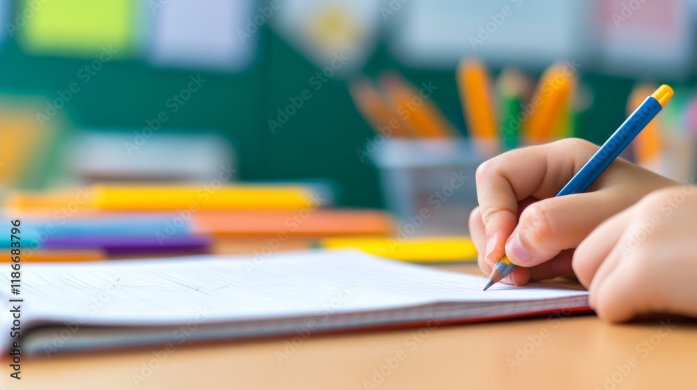 Poster close up of a student's hand writing in a notebook, surrounded by colored pencils and a green chalkb