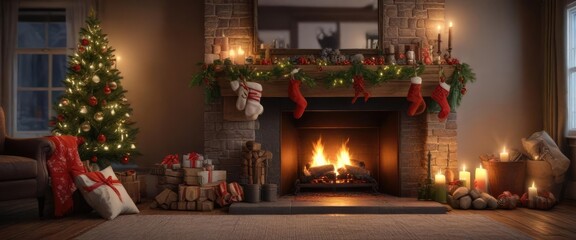 A decorated Christmas mantel with stockings and garlands near a roaring fireplace, cozy nook, decorated mantel
