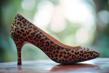 A pair of leopard print high heels placed on a table, great for fashion and lifestyle photoshoots