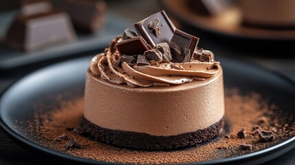 Delightful chocolate mousse cake with rich toppings and a sprinkle of cocoa in a cozy dessert...