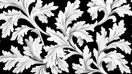 Intricate Black and White Marble Leaf Pattern Design for Textiles