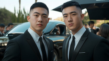 elegant twin brothers in black suits with bow ties, confidently posing together at a summer wedding celebration, showcasing sophisticated style and modern fashion in an urban setting.