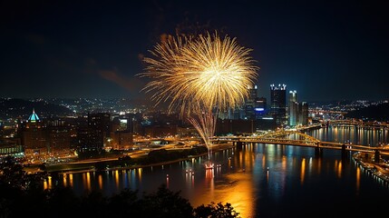 Night cityscape fireworks display over river.