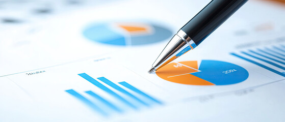 Business charts and pen on financial report paper