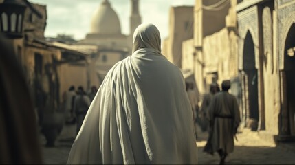 Journey through an ancient market, where figures in traditional attire walk the dusty lanes under a bright sky amidst historical architecture