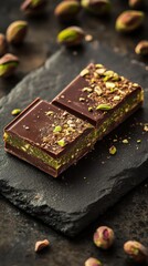 Chocolate bar with pistachio pieces on a black slate plate, showcasing delicious layers of rich chocolate and nuts with a textured finish