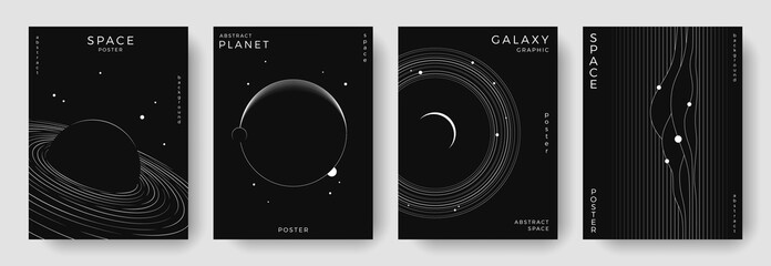 Set of abstract space astronomy backgrounds. Line art galaxy, solar system, planet, black hole. Science future concept. Cosmic minimalist design for cover, poster, layout, banner, flyer, brochure © Anastasiya Stoma