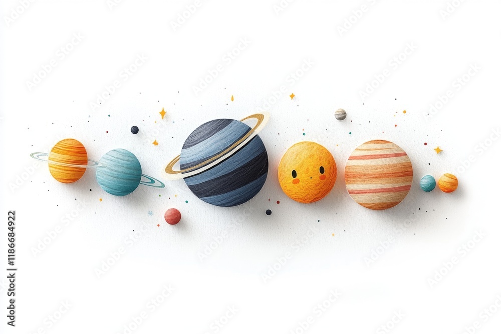 Aufkleber A playful flat design of planets in a row, each with unique colors and textures, set against a white canvas