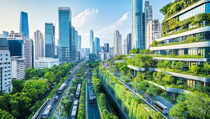 Modern urban landscape showcases green architecture and public transport system in a bustling city during daylight hours