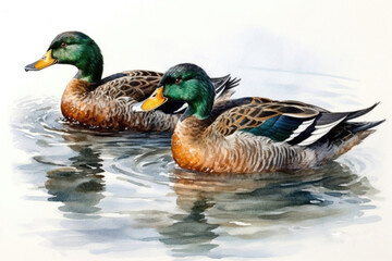 Obraz premium Ducks in water watercolor illustration, watercolor style, Generative AI
