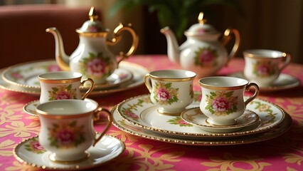 Fototapeta premium A traditional tea set arranged on an intricately patterned tablecloth