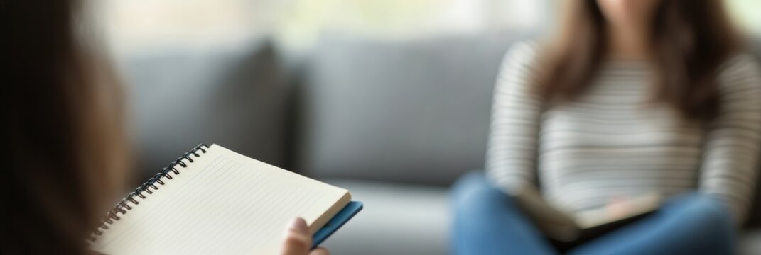Psychologist is holding a notebook and listening to her patient during a psychotherapy session, offering support and guidance