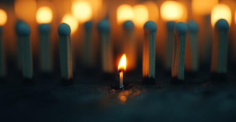 Rows of matchsticks with one lit flame illuminating the darkness in a serene setting