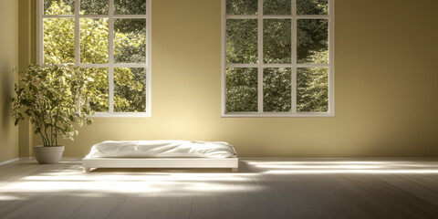 Minimalist bedroom design with large windows and natural light during daylight hours