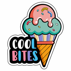 a vibrant cone with multicolored scoops and include the text 