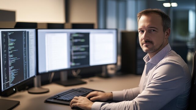 Focused on the Task: A focused, professional programmer sits at his desk, intently working on his computer with two large monitors displaying lines of code.