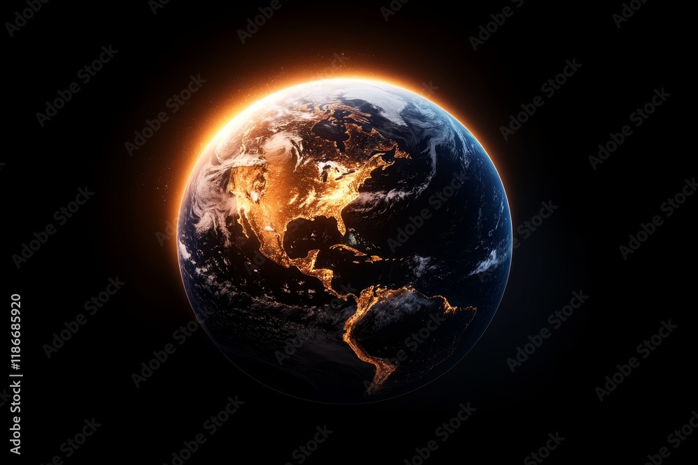 Poster a realistic view of earth from space, illuminated by the sun with the curvature of the planet visibl