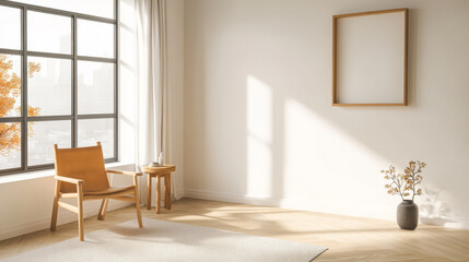 Fototapeta premium Cozy living room with sunlight streaming through large windows showcasing minimalist decor