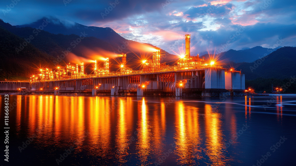 Aufkleber nighttime view of hydroelectric dam illuminated by glowing lights, reflecting on water. surrounding 