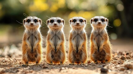 Four Meerkats Standing Together In A Row
