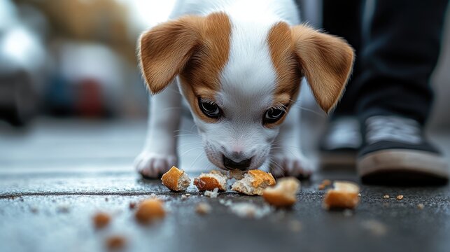 Playful puppy enjoys a tasty treat on the sidewalk while on a stroll with its owner in a lively outdoor setting during a sunny day