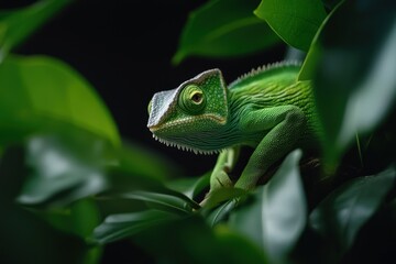Obraz premium A chameleon perched on a leafy branch, its body blending seamlessly with the vibrant green foliage