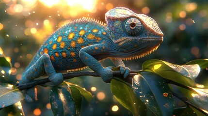 Vibrant chameleon perched on a branch, basking in golden sunlight amidst lush foliage.