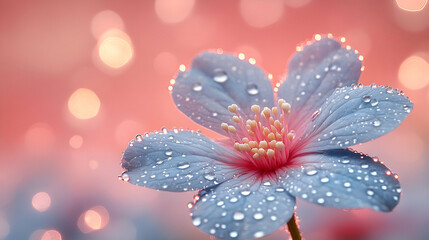 Fototapeta premium Close-up of a Delicate Blue Flower with Dew Drops, Soft Pink Center, Bokeh Background