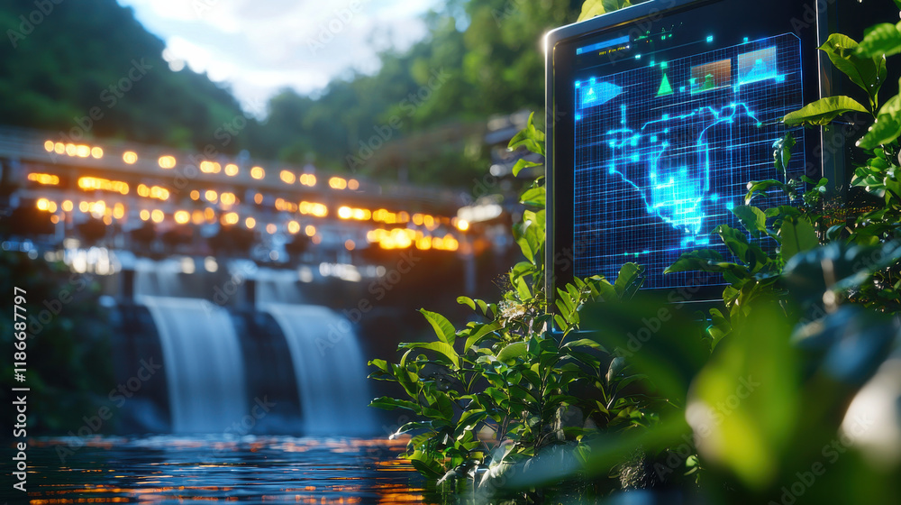 Aufkleber hydroelectric facility with digital display showcasing data, surrounded by lush greenery and flowing