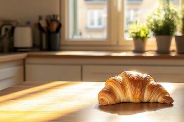 Golden Hour Croissant: A freshly baked croissant rests on a wooden countertop, bathed in warm golden sunlight streaming through a nearby window.  The soft, flaky pastry is perfectly illuminated.