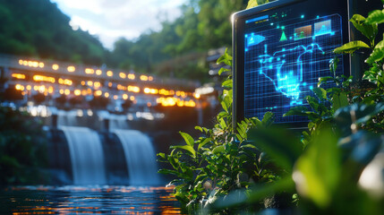 hydroelectric facility with digital display showcasing data, surrounded by lush greenery and flowing water, creates harmonious blend of nature and technology