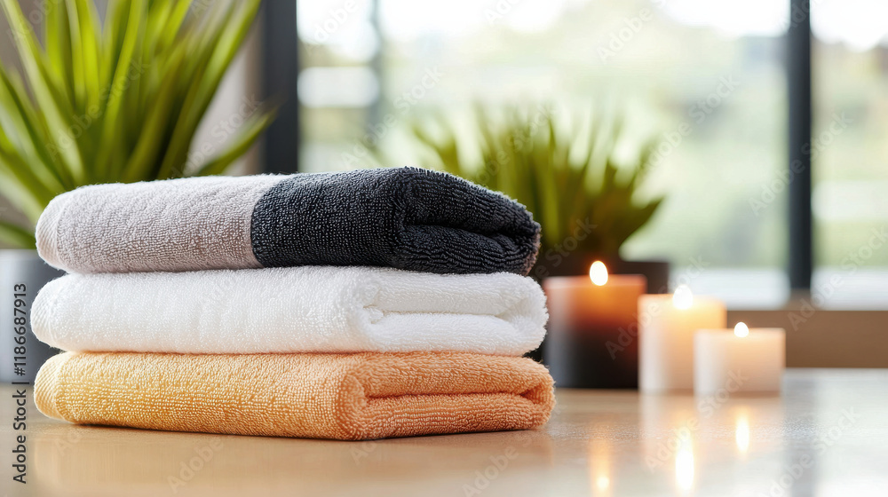 Poster Neatly folded towels in serene spa like environment with candles and plants create calming atmosphere. Perfect for relaxation and self care moments