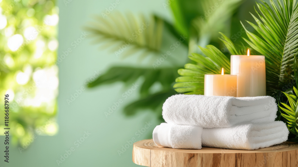 Poster Neatly folded towels on wooden table with candles and greenery create serene spa like atmosphere. Perfect for relaxation and wellness