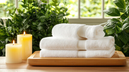 Neatly folded white towels on wooden tray, surrounded by candles and greenery, create serene spa like atmosphere. Perfect for relaxation and self care