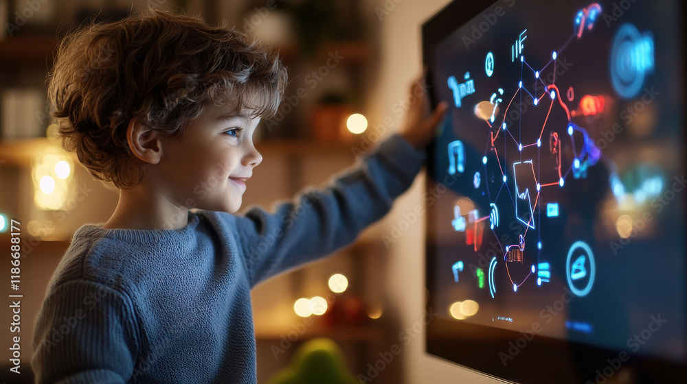 Aufkleber child interacting with modern touchscreen display, showcasing curiosity and engagement in cozy environment. setup highlights technology and learning