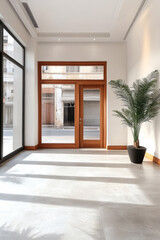 Obraz premium Bright and spacious interior with large windows and a potted plant in a modern setting