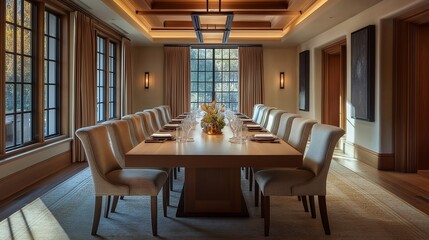 Obraz premium Elegant dining room with long wooden table and upholstered chairs.