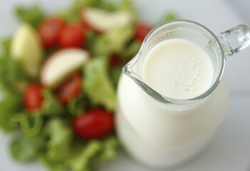Glass pitcher filled with creamy milk surrounded by fresh lettuce, cherry tomatoes, and sliced apple on blurred background
