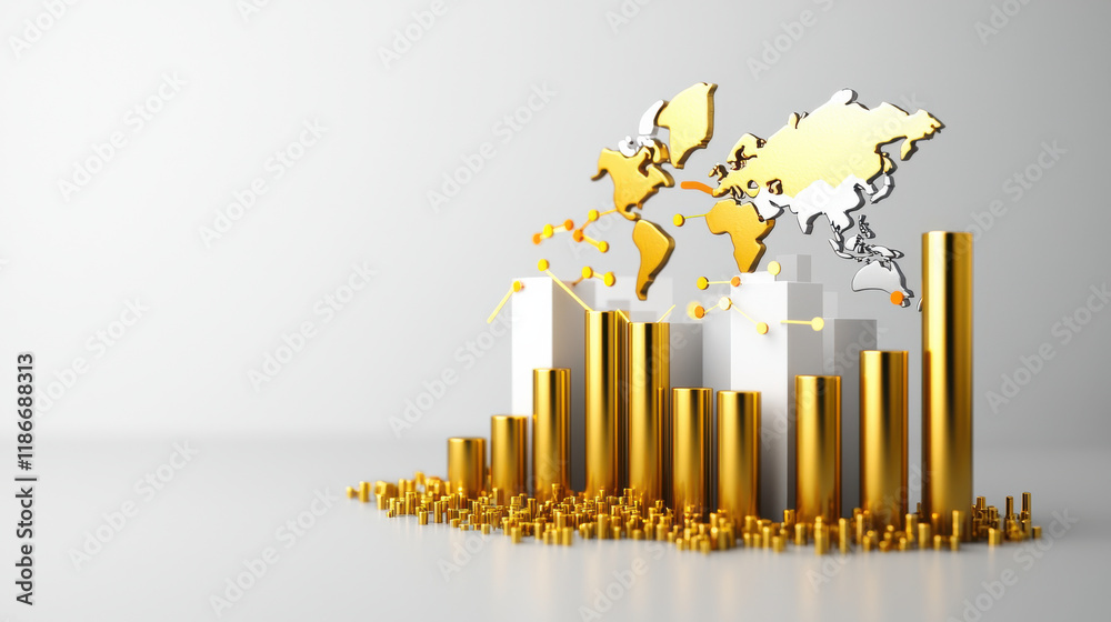 Poster modern representation of global trade flows with golden bars and world map. this symbolizes economic