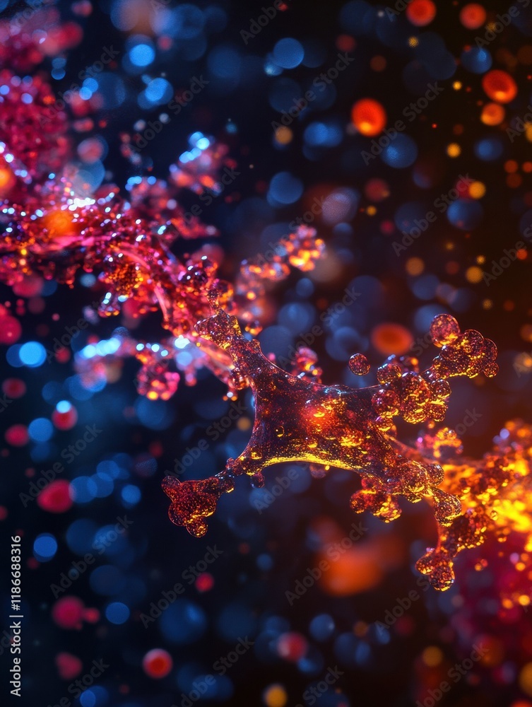 Poster Antibodies engaging and neutralizing a virus in a colorful microscopic environment during a biological response. Generative AI