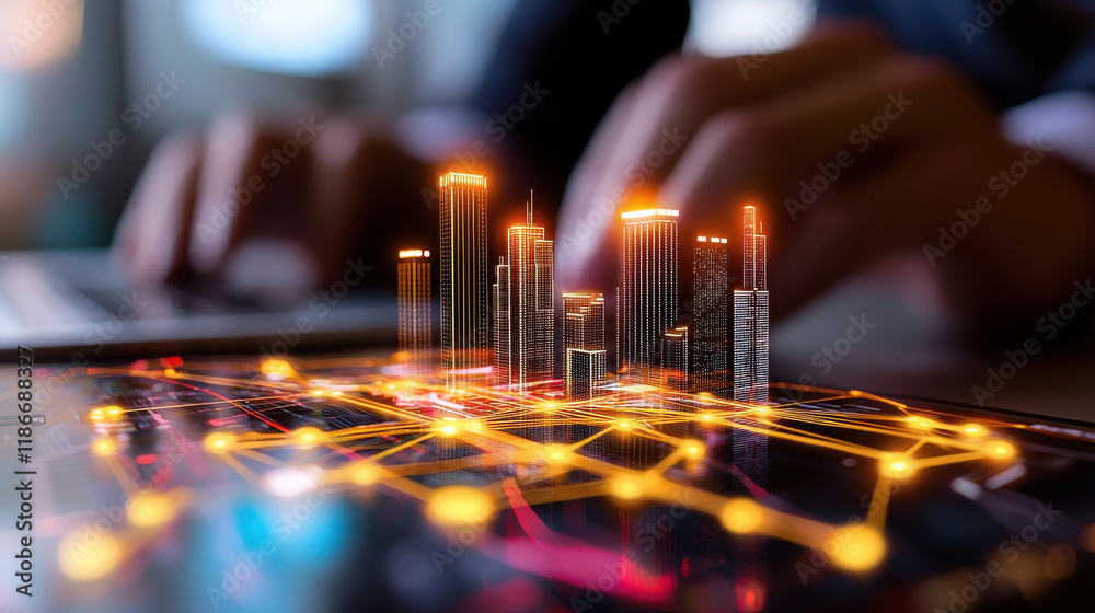 Aufkleber futuristic smart city concept powered by big data, showcasing glowing skyscrapers and digital connec
